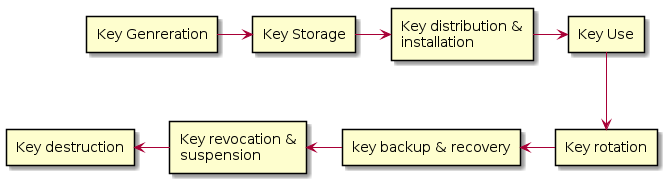   @startuml
  rectangle "Key Genreration" as r1
  rectangle "Key Storage" as r2
  rectangle "Key distribution & \n installation" as r3
  rectangle "Key Use" as r4
  rectangle "Key rotation" as r5
  rectangle "key backup & recovery" as r6
  rectangle "Key revocation & \n suspension" as r7
  rectangle "Key destruction" as r8

  r1-right->r2
  r2-right->r3
  r3-right->r4
  r4-->r5
  r5-left->r6
  r6-left->r7
  r7-left->r8
  @enduml

Private Key Management Life Cycle